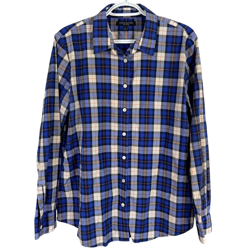 Banana Republic Soft Wash Shirt Button Up Womens L Blue Plaid Cotton Long Sleeve